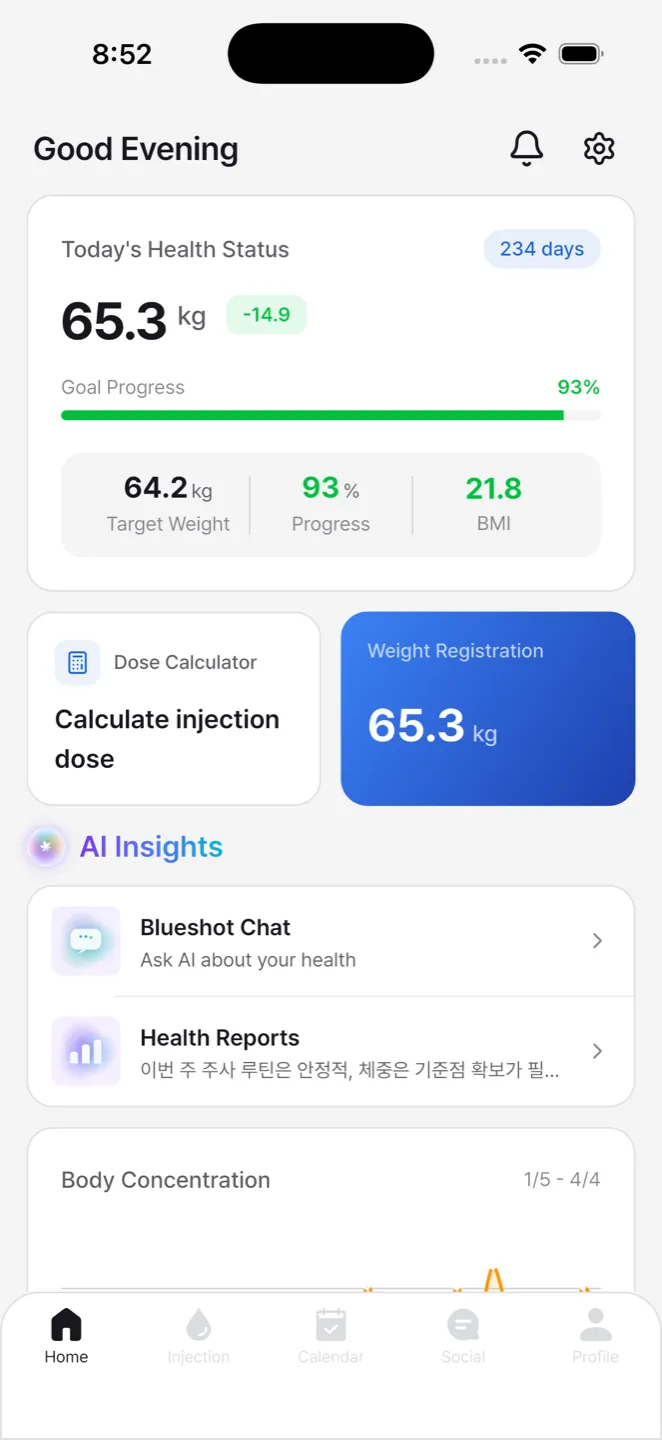 Blueshot App - Wegovy Mounjaro GLP-1 management dashboard